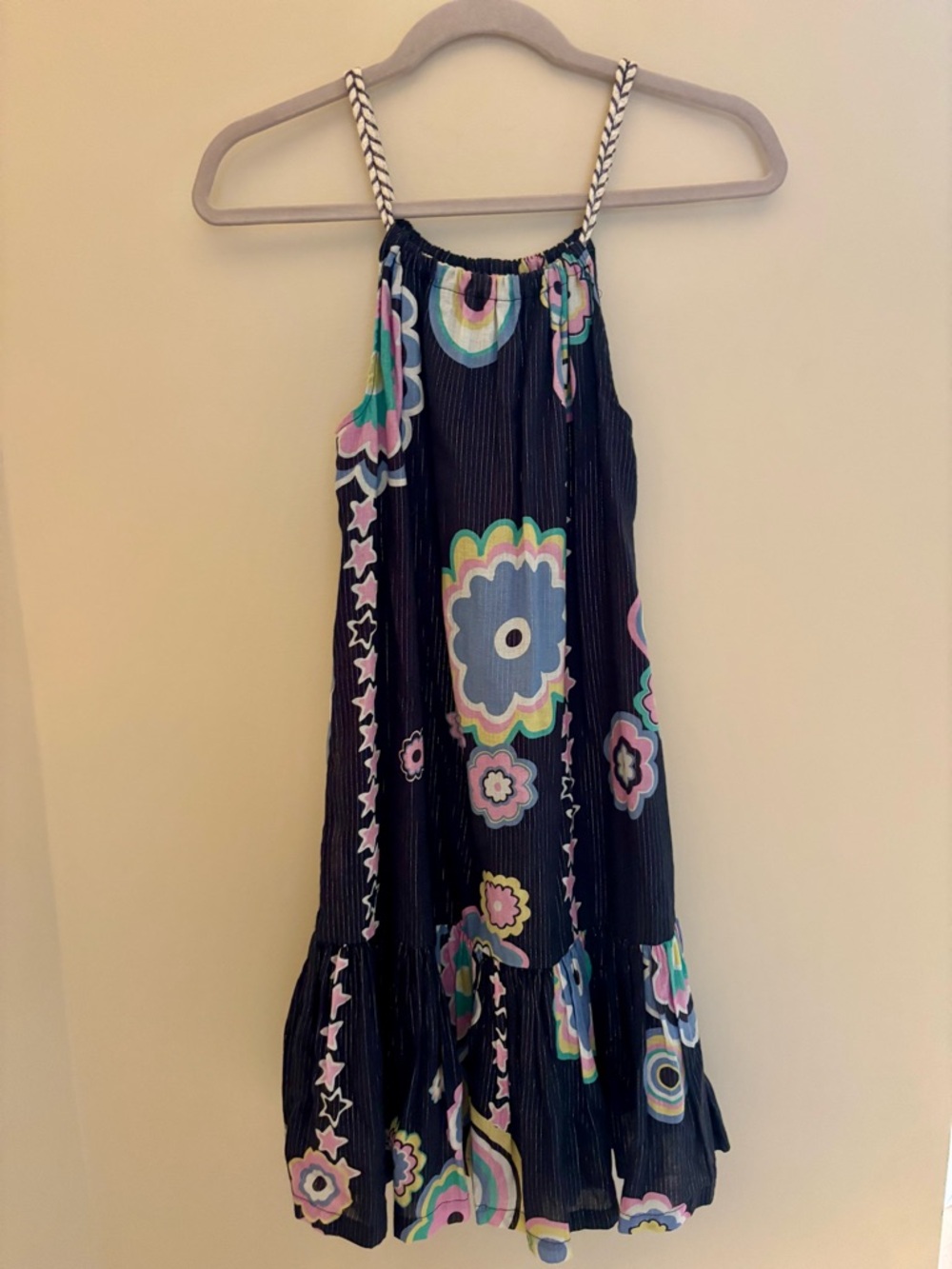 Vilagallo Retro Pop Floral Swingy Sundress  Metallic Threading & Braided Straps